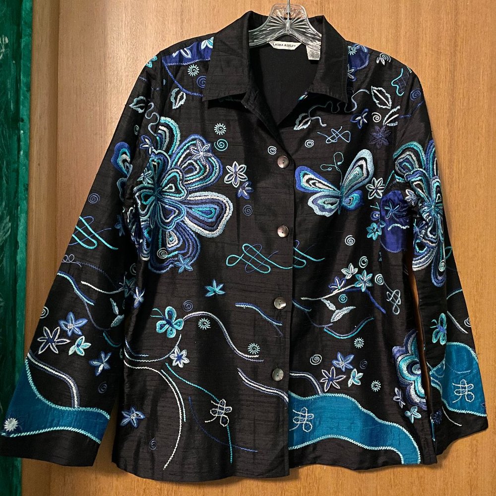 Laura Ashley Black and Blue Silk Blazer jacket with Embroidery